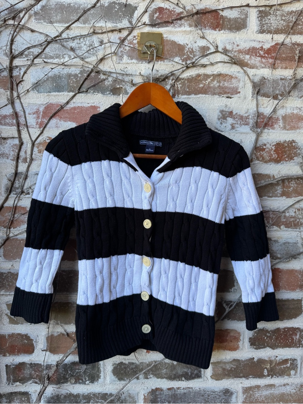 American Living Y2K Striped Cable Knit Cardigan Sweater - Adult S